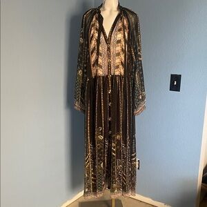 Elegant Black and Gold Anthropologie L Women's Dress Sheer and Flowing